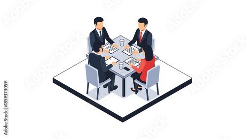 Isometric business meeting with diverse team in formal attire around office table