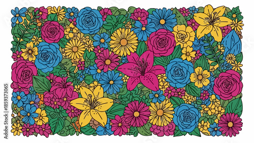 Vibrant Floral Pattern with Various Colorful Blooming Flowers.