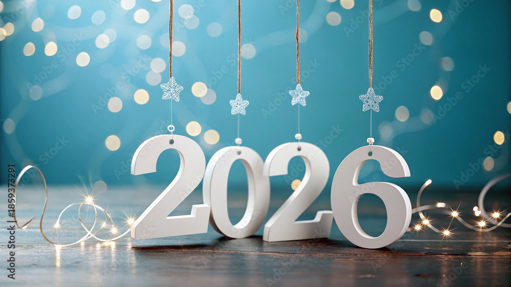 custom made wallpaper toronto digitalHappy New Year 2026 celebration background with hanging 3D numbers, glowing lights and minimal professional design