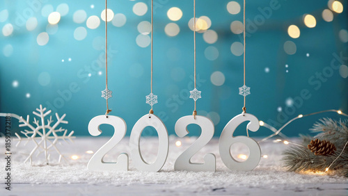 Wallpaper Mural Happy New Year 2026 celebration background with hanging 3D numbers, glowing lights and minimal professional design Torontodigital.ca
