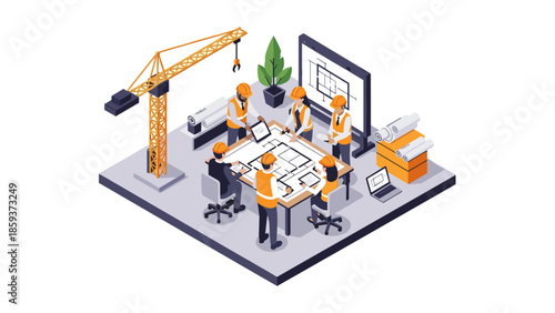 Isometric construction meeting with architects and engineers in office setting