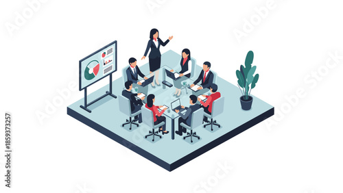 Collaborative business meeting in modern office setting with charts and diagrams
