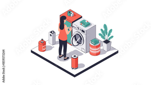 Woman using smartphone in modern laundry room with isometric appliances and eco-friendly supplies