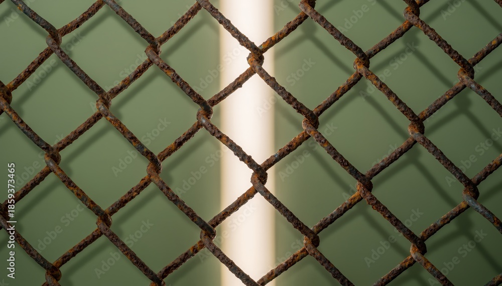 Fototapeta premium A rusted and decaying chain link fence section highlighted by a narrow spotlight