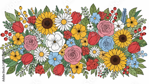 Colorful floral arrangement featuring sunflowers roses and daisies in full bloom.