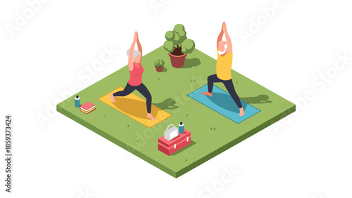 Elderly couple practicing yoga outdoors in isometric style with accessories and plants