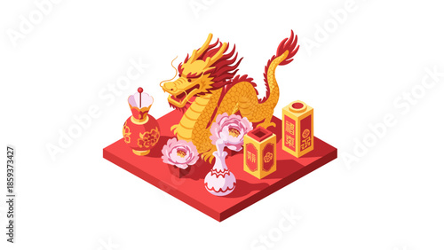 Festive chinese dragon and flowers in isometric lunar new year display