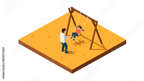 Father and daughter enjoying a day at the playground in isometric style