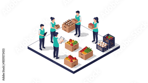 Isometric market scene with people sorting fresh produce