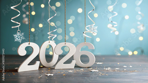 Wallpaper Mural Happy New Year 2026 celebration background with hanging 3D numbers, glowing lights and minimal professional design Torontodigital.ca