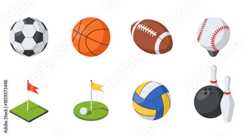 Isometric sports equipment collection: soccer, basketball, volleyball, and more