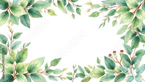 Watercolor botanical frame made of green leaves and branches on white background. Elegant natural border with copy space for text and design projects.