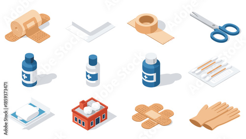 Essential first aid kit supplies rendered in isometric style for emergency preparedness