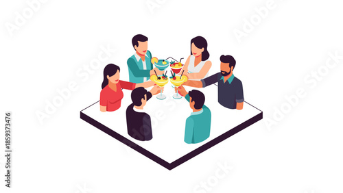 Isometric celebration: group of people enjoying a festive toast with cocktails