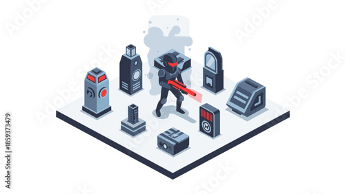 Futuristic isometric scene with robot guard and sci-fi structures
