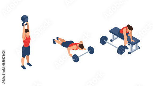 Isometric workout set: kettlebell lift, push-up, bent-over row bench exercise