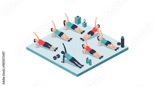 Isometric group workout session with various exercises and equipment
