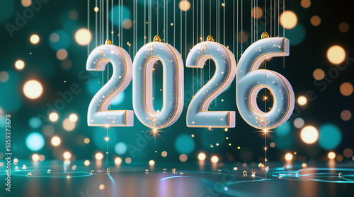Wallpaper Mural Happy New Year 2026 celebration background with hanging 3D numbers, glowing lights and minimal professional design Torontodigital.ca