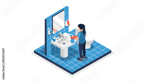 Isometric bathroom cleaning with female character in modern blue tiles
