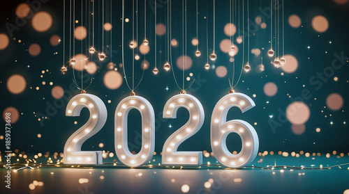 Wallpaper Mural Happy New Year 2026 celebration background with hanging 3D numbers, glowing lights and minimal professional design Torontodigital.ca