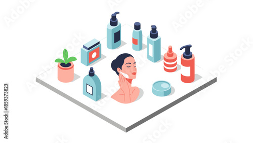 Isometric beauty skincare routine with products on display