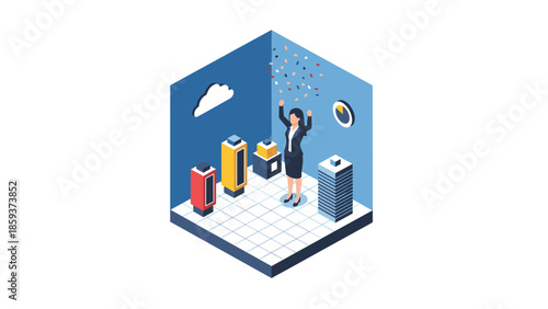 Business success celebration in isometric office with graphs and confetti