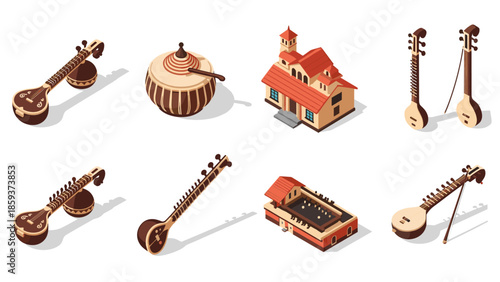 Isometric indian musical instruments and architecture collection