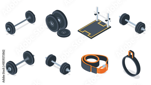 Isometric gym equipment set with dumbbells, barbells, and workout accessories