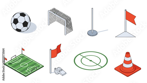 Isometric soccer elements: ball, field, goal post, flags, whistle, cone
