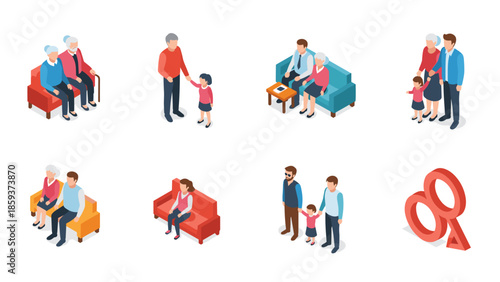 Isometric family generations: seniors, parents, and children in various activities