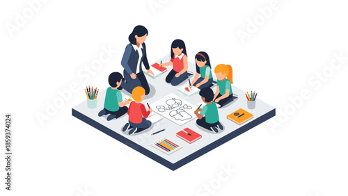 Children engaged in classroom art activity guided by teacher