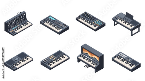 Diverse collection of isometric synthesizers featuring classic and modern designs