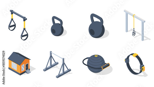 Isometric gym equipment and small house design elements for fitness and architecture