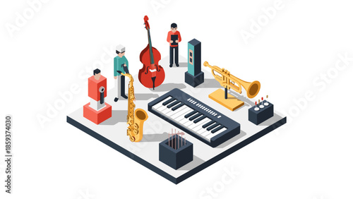 Isometric musical instrument setup with musicians and equipment in a modern studio