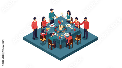 Festive family dinner gathering: isometric holiday celebration with sparkling lights