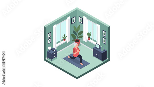 Home fitness routine in cozy isometric room with yoga and relaxation