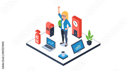Isometric office success woman with technology and business analytics