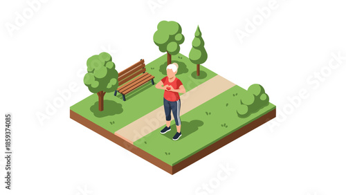 Isometric elderly woman walking in a park with trees and bench