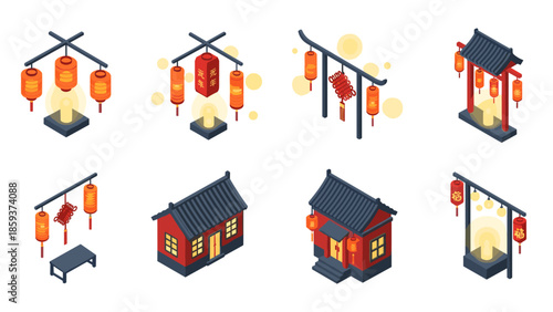 Isometric chinese new year lanterns and traditional architecture elements