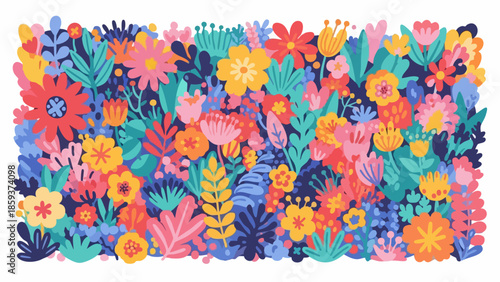Colorful floral arrangement of various flowers and leaves in vibrant colors.