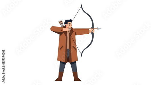 A figure is poised, drawing back a bow to aim an arrow. Dressed in a coat, they stand prepared to release their shot