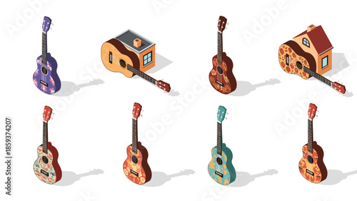 Isometric guitar illustrations with creative house and floral designs