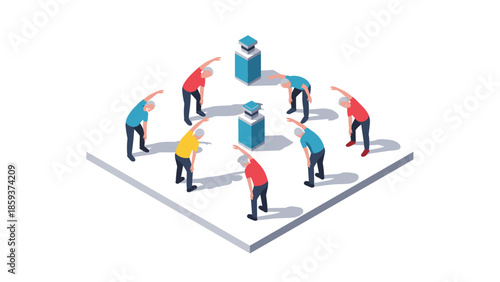 Elderly fitness group exercising in isometric gym setting