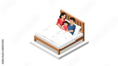 Happy family relaxing in bed: isometric illustration of parents and child enjoying quality time