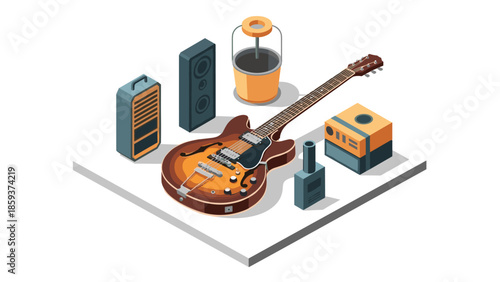 Isometric music setup with electric guitar and audio equipment on white background