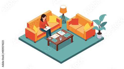 Cozy isometric living room with woman reading on orange sofa
