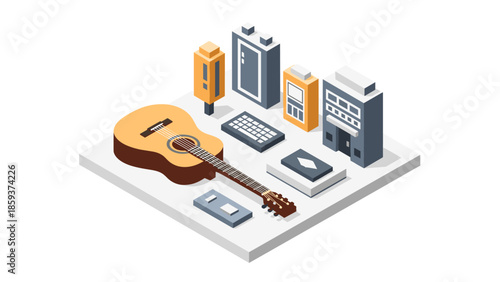 Isometric cityscape with guitar and modern architecture elements