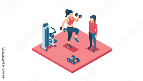 Woman exercising in gym with trainer and dumbbells in isometric style