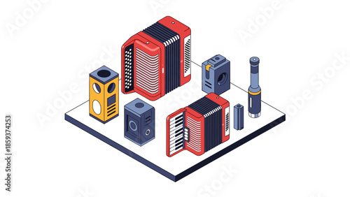 Retro concert setup: isometric accordion and speakers collection on display