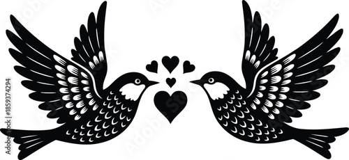 Symmetrical black bird silhouette with hearts and decorative details for romantic wedding invitations or tattoo art.